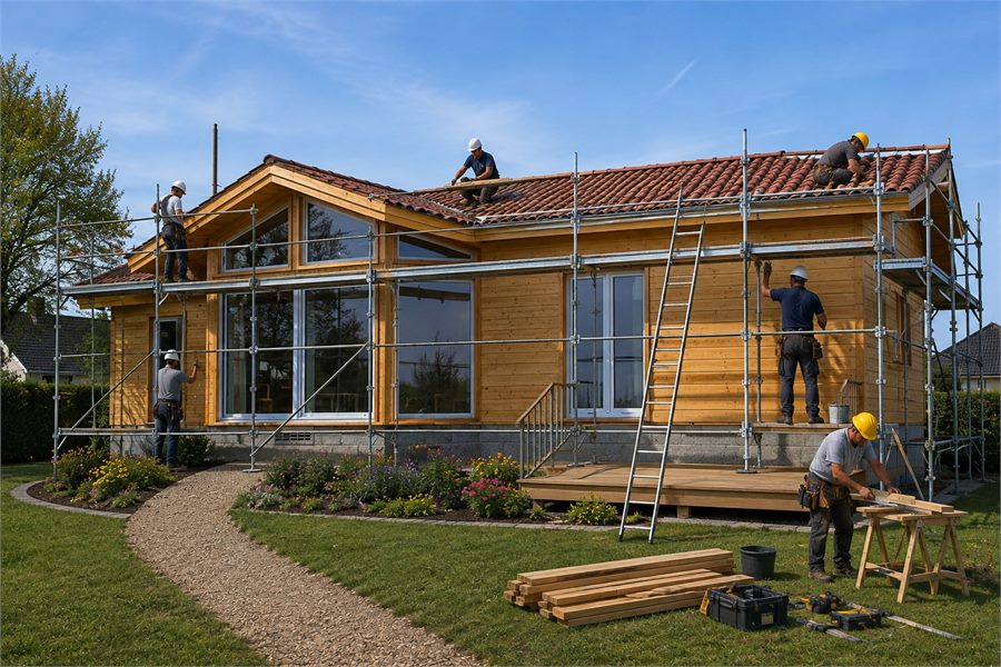 Chantier de maison bois en cours de montage