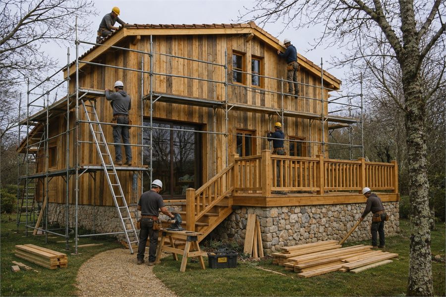 Artisans posant le bardage d'une maison bois